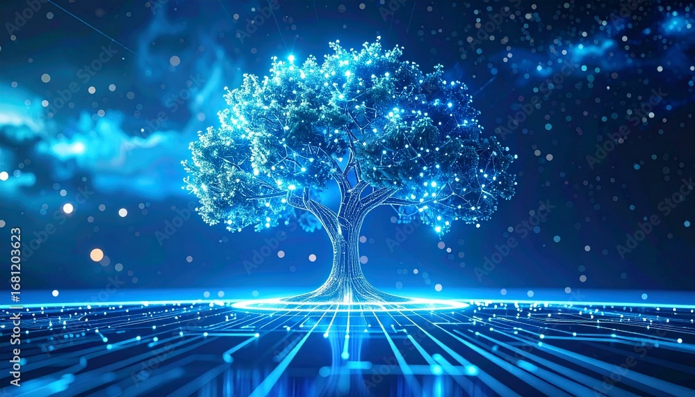 Poster digital tree in futuristic space, generated with ai.