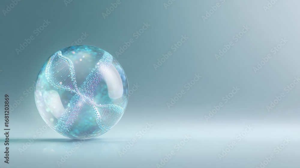 Poster unique transparent sphere with vibrant reflections and shimmering details resting on a soft blue sur