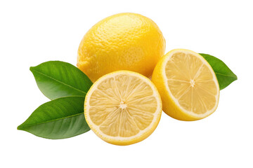 Fresh lemons with leaves isolated on transparent background