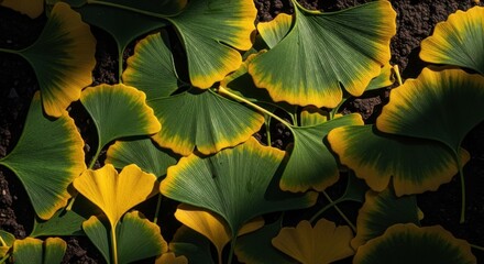 Bright Green and Yellow Ginkgo Leaves Spread on Dark Soil in Natural Setting