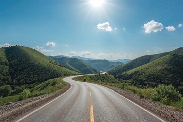 Naklejka premium A curving pathway winds through verdant hills under a vivid, clear sky, showcasing the essence of exploration and nature's charm.