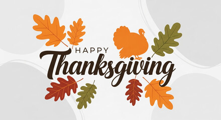 Thanksgiving design featuring stylized turkey, oak leaves, and script letteringHappy ThanksgivingFree space for text or logo. Celebrates autumn harvest festival