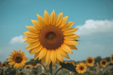 Single sunflower head contrasted with clear blue background