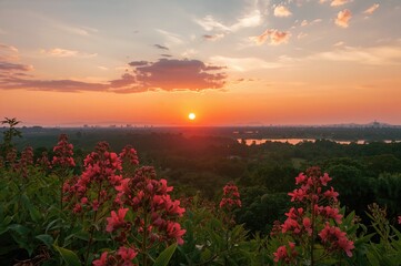 Evening Glow Over a Scenic Park with a Majestic Monument