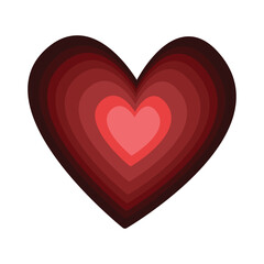 Illustration of a layered heart shape with varying shades of red and a light red center heart shape