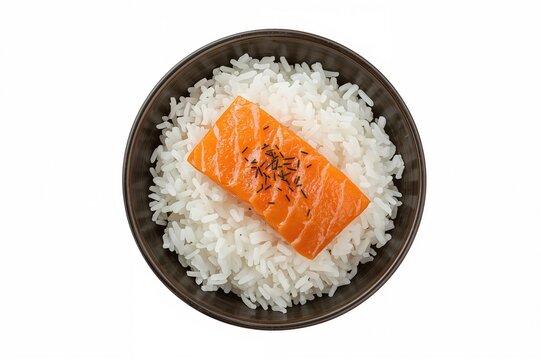 Vibrant salmon atop seasoned rice in a traditional sushi style, presented on a clean white background with an Asian culinary theme