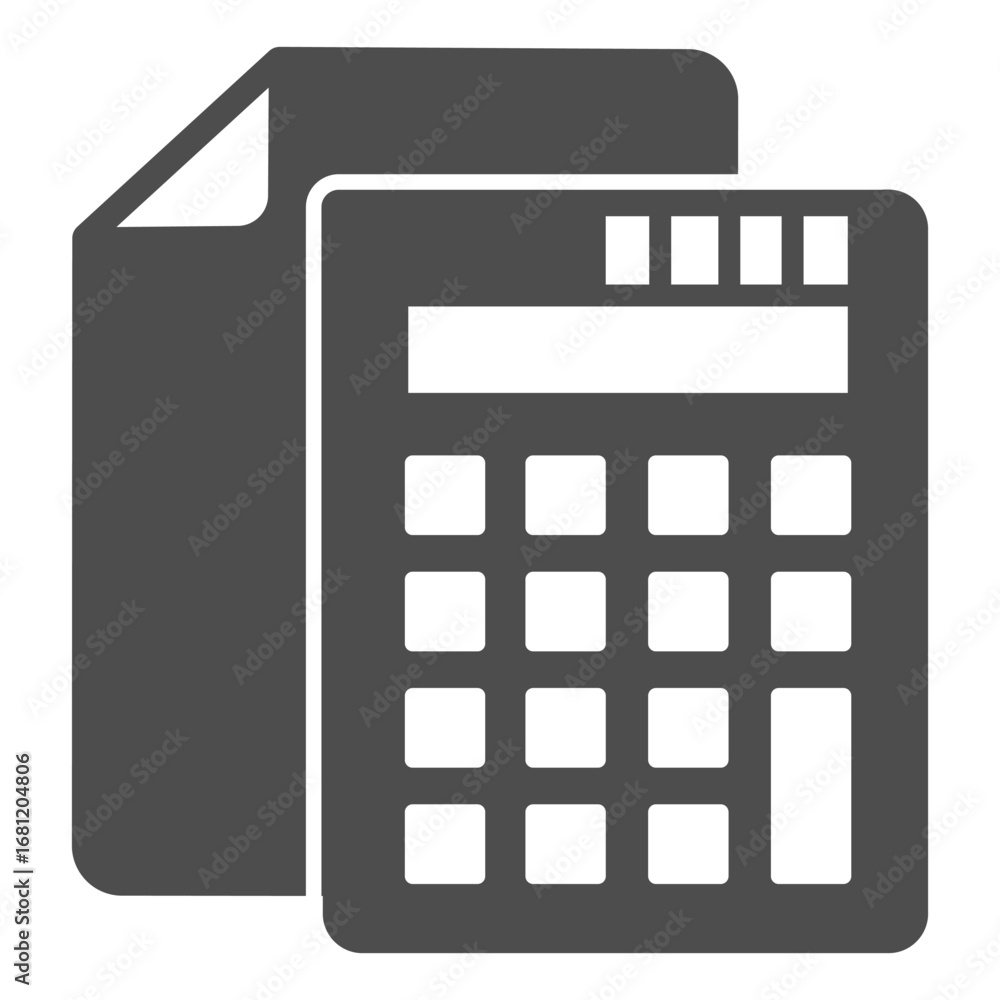 Poster calculator and sheet of paper solid icon, bookkeeping, cost calculation concept, data estimation sig