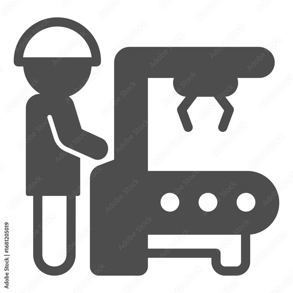 Poster man at conveyor control panel with robotic arm solid icon, manufacturing concept, worker, robot claw