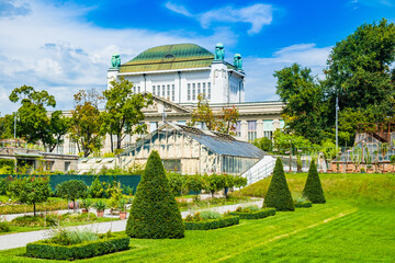 Botanical Garden in Zagreb, Croatia, Historical archive building (old national library) in the background.