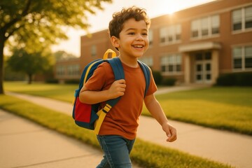 Young student with backpack embarking on educational journey representing back-to-school enthusiasm