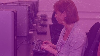 Animation of network of connections over caucasian female teacher using computer - Powered by Adobe