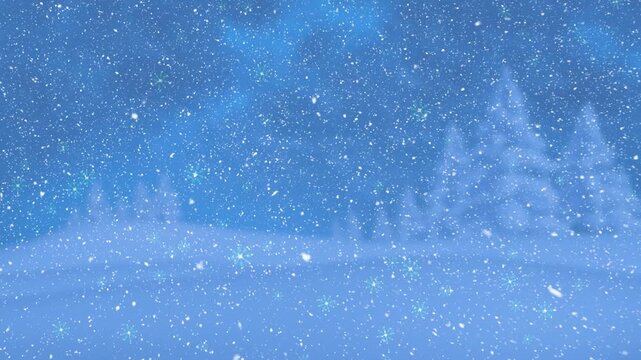 Animation of snowflakes and snow falling on landscape against pine trees and blue sky