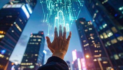 Achieving a holographic projection of city buildings amidst a modern cityscape illuminated at night.  Depicting the concept of smart cities, future technology, digital innovation, and global connectit