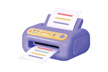 Cartoon 3d printer printing colorful document on white background