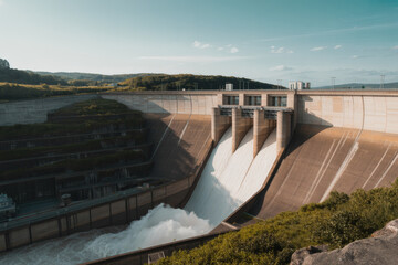 hydroelectric dam generating clean power, massive infrastructure, natural landscape, engineering marvel