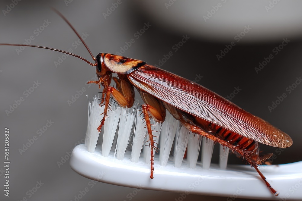 Poster cockroach infestation on toothbrush macro shot showing insect hygiene problem in bathroom setting at