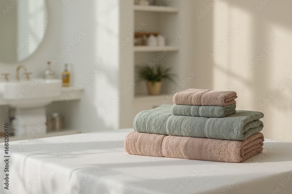 Aufkleber stack of towels on a white table with space for text and a blurred backdrop