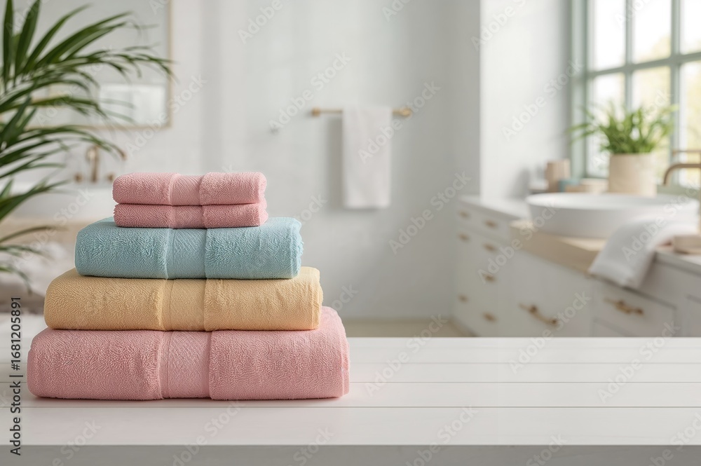 Aufkleber stack of towels placed on a white wooden surface with blurred backdrop and empty space
