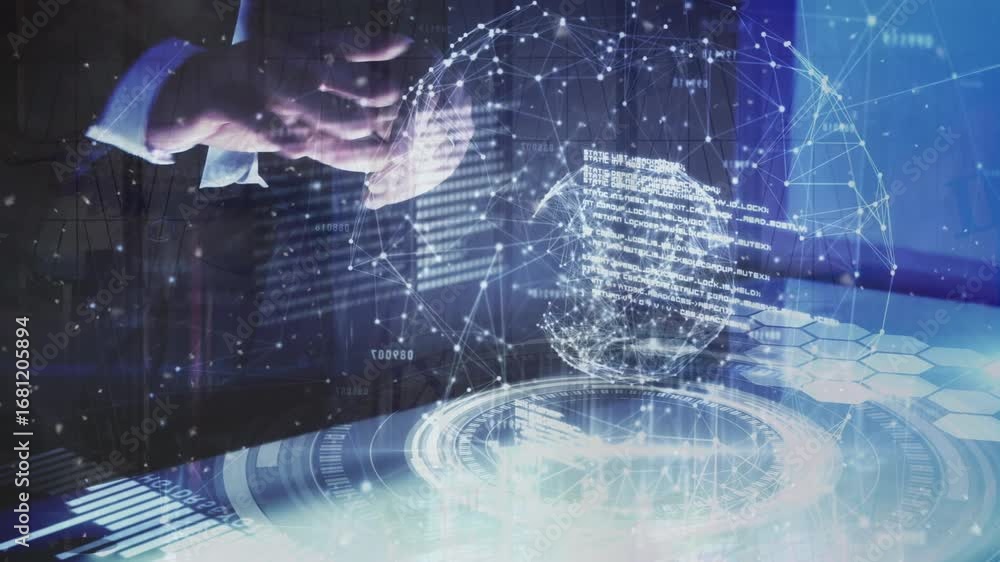 Poster animation of connecting dots sphere, hud, caucasian businessman analyzing data on digital interface