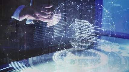 Animation of connecting dots sphere, hud, caucasian businessman analyzing data on digital interface - Powered by Adobe