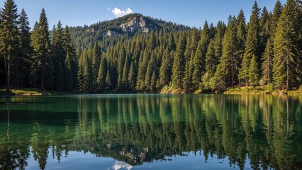 A calm lake mirrors the lush greenery of tall, mighty trees in a serene environment.