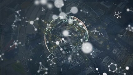 Animation of molecules, globe with light beams on digital interface over cityscape - Powered by Adobe