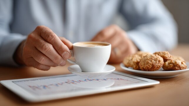 Stock market monitoring while enjoying coffee and cookies in a cozy setting