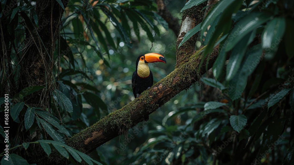 Poster tree branch occupied by a toucan in a dense tropical habitat