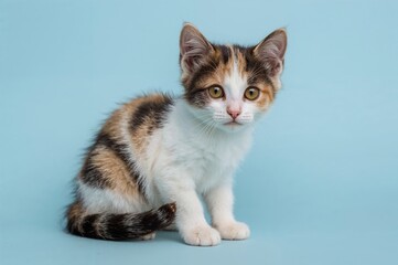 Obraz premium Small white tortoiseshell kitten against a blue backdrop