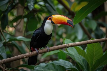 Fototapeta premium Colorful toucan perched on a tree limb in lush forest greenery, tropical bird with large beak in natural habitat, eco-tourism in a tropical region.