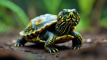 Fototapeta premium The Origins of the Tortoise with Red Ears, Often Referred to as Brazil Turtles