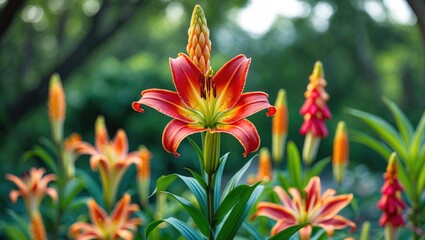 Fototapeta premium Bright orange torch lily flower surrounded by nature's scenery