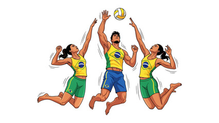 Dynamic Beach Volleyball Action:  Illustrative portrayal of a dynamic beach volleyball scene, where a team of three athletes executes a high-flying play.