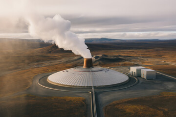 geothermal energy plant in volcanic landscape, sustainable technology, dramatic natural setting, industrial architecture
