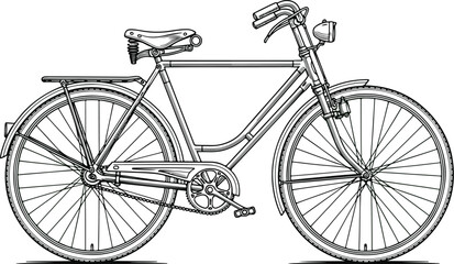 Bicycle: A detailed line art illustration of a classic vintage bicycle with fenders and a spring seat, in a clean, hand-drawn sketch style.