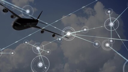 Animation of network of connections with icons over plane - Powered by Adobe