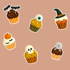 Halloween cupcakes sticker set, spooky sweets, witch hat, skull, pumpkin, bats, eyeball, tombstone, cartoon style, transparent background