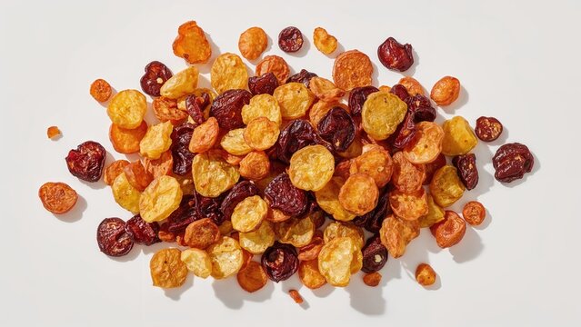 Bird's-eye view of organic root vegetable chips including potatoes, beets, and carrots presented in a clear glass for eating.