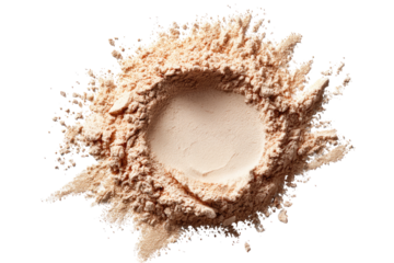 Light beige powder, exploded outwards, creating a circular well in the center