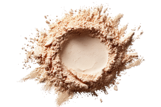 Light beige powder, exploded outwards, creating a circular well in the center