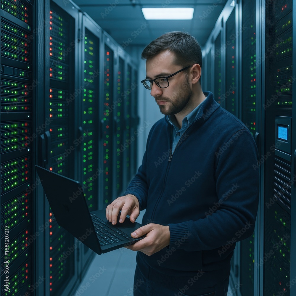 Aufkleber data center technician monitoring server performance using advanced diagnostic tablet in high-securi
