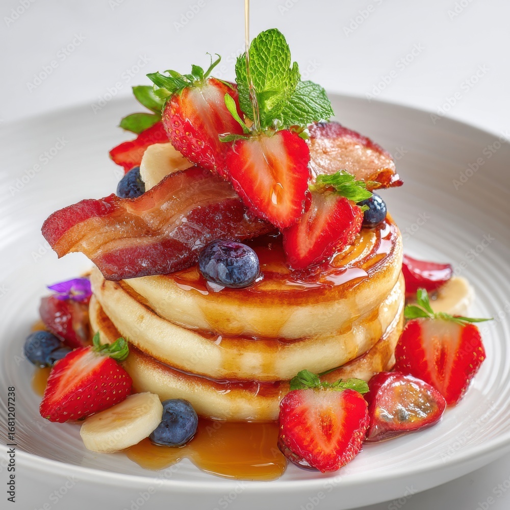 Poster stack of pancakes with bacon and fresh fruit being drizzled with syrup on a white plate close up stu