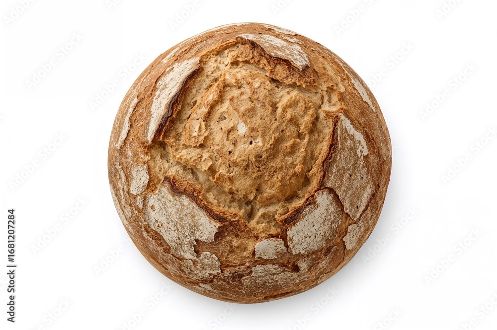 Poster overhead shot of a rustic ciabatta bread on a white backdrop with space for text.