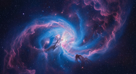 Cosmic nebula image showcasing swirling blue and pink gas clouds, scattered stars, representing vastness, mystery, and the beauty of space, ideal for astronomy or fantasy themes