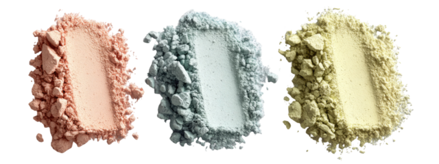 Three shades of loose powder, displayed in a rectangular shape with surrounding crumbled powder