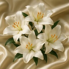 Delicate White Lily Bouquet Arrangement on Soft Ivory Silk Background