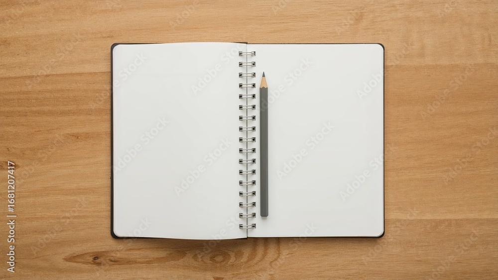 Aufkleber overhead shot of an open spiral notebook with a pencil resting on a wooden table