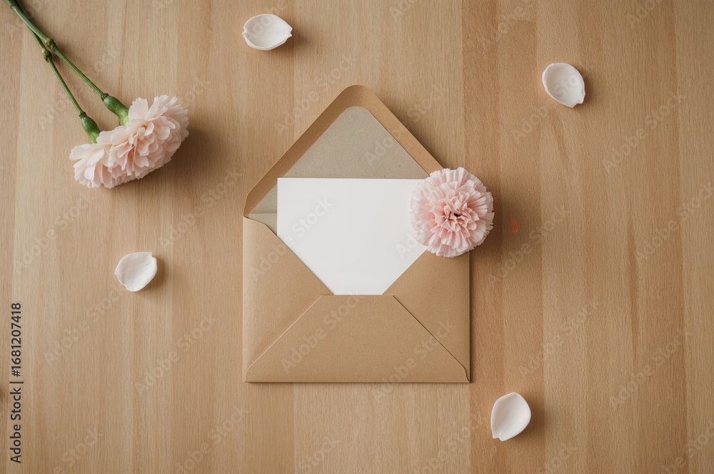 Poster overhead view of an open envelope containing a blank card, surrounded by delicate carnation flowers.