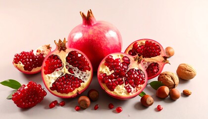 A still life arrangement of pomegranate arils, halves, and whole fruits, alongside walnuts and hazelnuts.  A studio shot on a neutral background