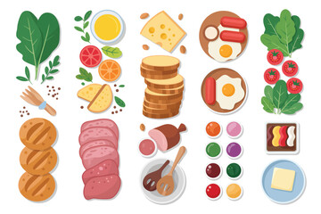 Assortment of breakfast food items and ingredients